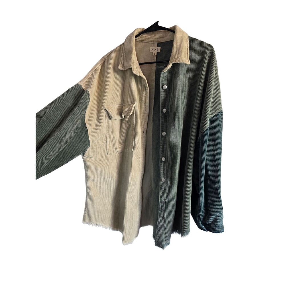 POL Colorblock Corduroy Shacket Green Cream Oversized Raw Hem Shirt Jacket L